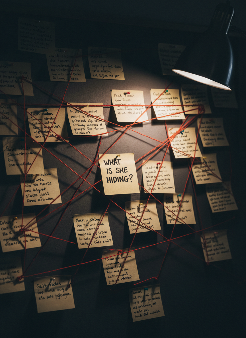 A corkboard mounted on a matte, slate-colored wall is densely covered with overlapping index cards, red string connections, and small adhesive notes, all filled with meticulous, handwritten character traits and plot turns. A single card at the center reads “What is she hiding?” in bold ink. A slim, brushed-steel desk lamp casts a cone of warm, focused light from the upper right, leaving the room beyond in elegant darkness. This creates stark, cinematic contrasts and elongated string shadows that crisscross the board. Photographic realism with a slightly low, close-up angle and shallow depth of field draws attention to the central question card, evoking an analytical, suspenseful mood aligned with psychological storytelling.