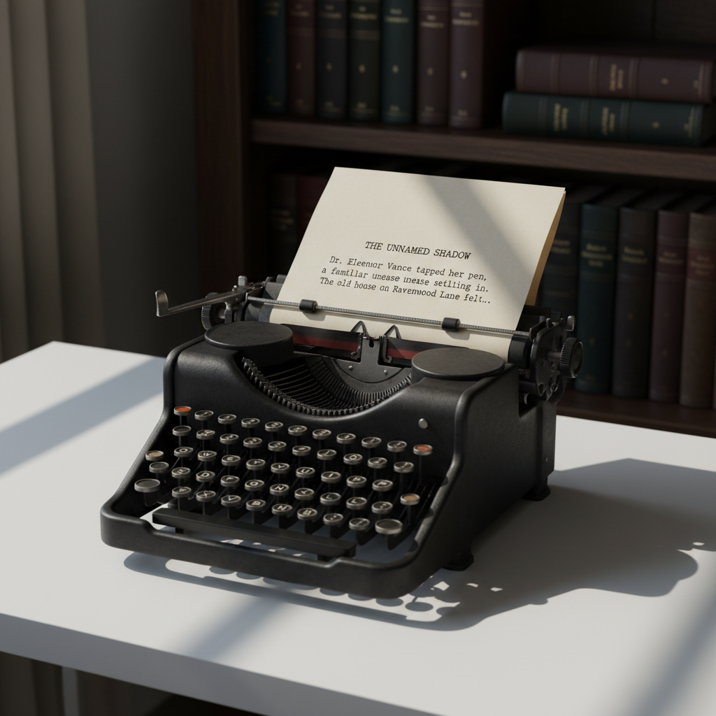 An antique typewriter in matte black metal sits alone on a minimalist white desk, its round keys worn to a subtle sheen, a single sheet of off-white paper threaded through the roller. On the page, only a title and a few tentative first lines show, with the cursor position implied by a faintly indented mark. In the background, out of focus, rows of psychology textbooks and well-thumbed novels line a dark wooden shelf. Cool, diffused morning light from the left casts precise, graphic shadows of the keys, creating a quiet, expectant atmosphere. Photographic realism, captured from a slightly elevated angle with rule-of-thirds composition, emphasizes the tension of beginning a psychological fiction draft.