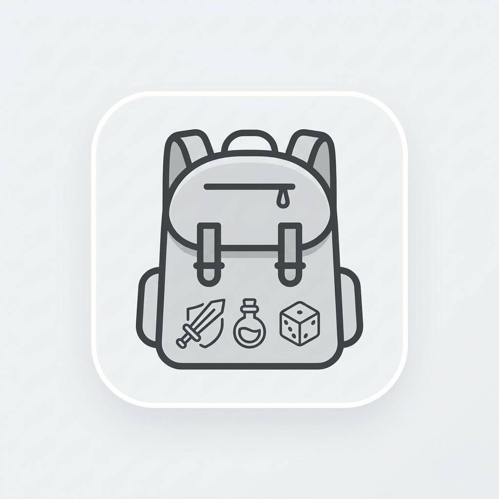 Backpack icon with sword, shield, potion, and dice symbols