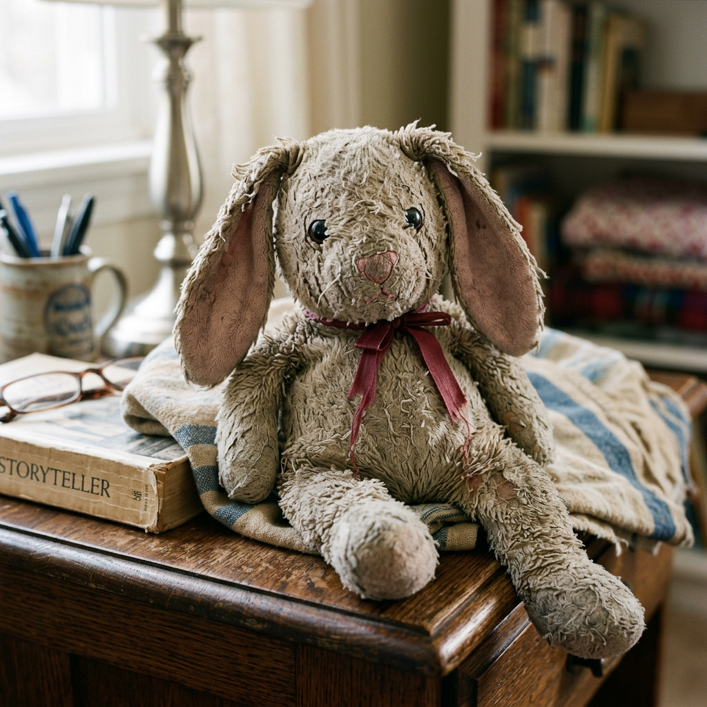 Worn stuffed bunny rabbit with a red ribbon sitting on a blanket on a wooden table